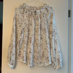 A New Day Cream White Tie Neck Blouse with Splatter Design Large L